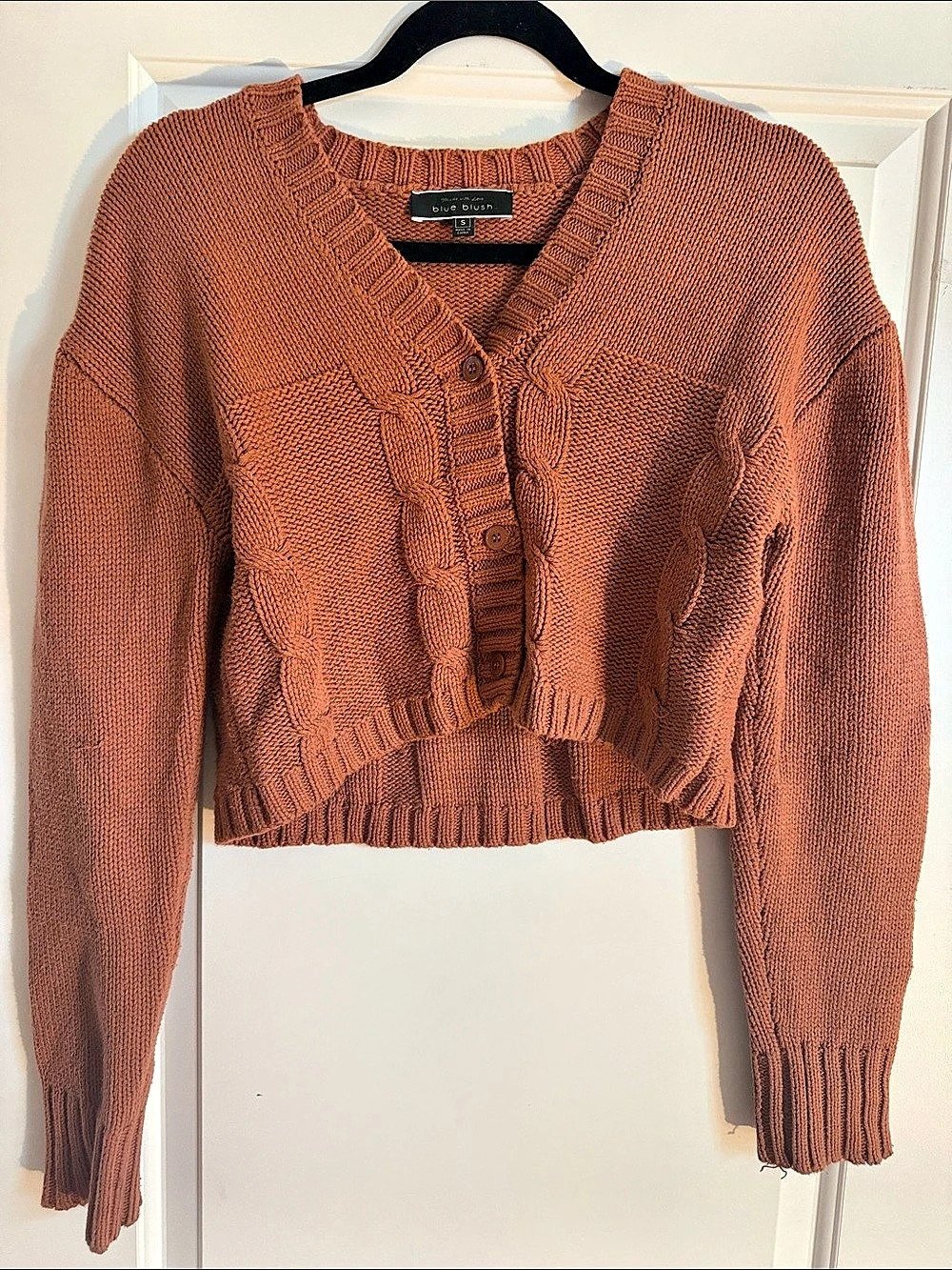 Blue Blush Brown Cropped Cable Knit Cardigan